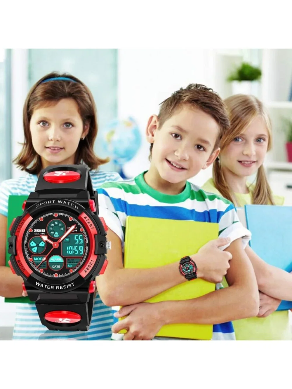 Kid's Black Red Analog Quartz Multi Function Waterproof Round LED Digital Watch